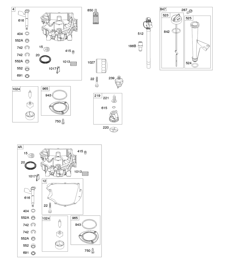 Engine Sump, Oil Pump, Dipstick/Tube Assembly Diagram and Parts List for 44R677-0003-G1 400000 - 699999 Briggs and Stratton Engine